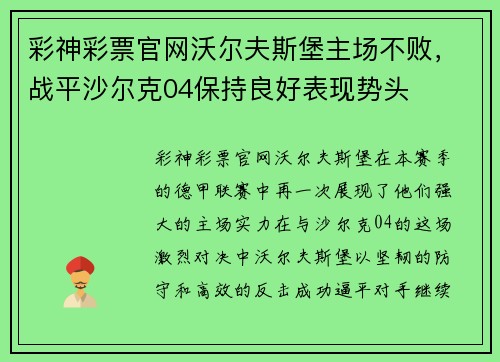 彩神彩票官网沃尔夫斯堡主场不败，战平沙尔克04保持良好表现势头